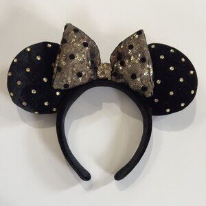 Disney Black Velvet Gold Sequin Rhinestone Polka Dot Minnie Ear Headband